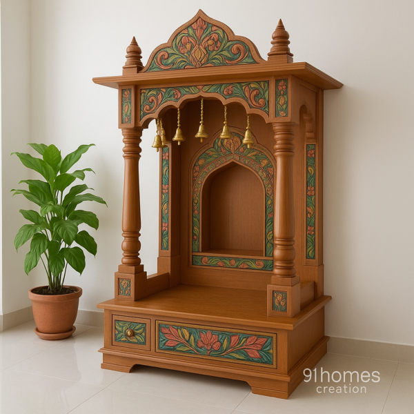 Indian home mandir with wooden pillars, colorful motifs and brass decor