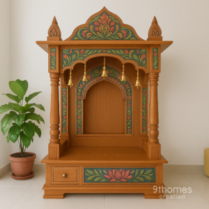 Traditional handcrafted wooden temple design with floral carvings and bells