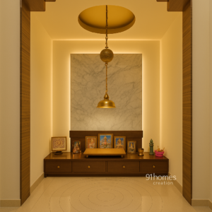 Traditional indian mandir setup with marble backdrop