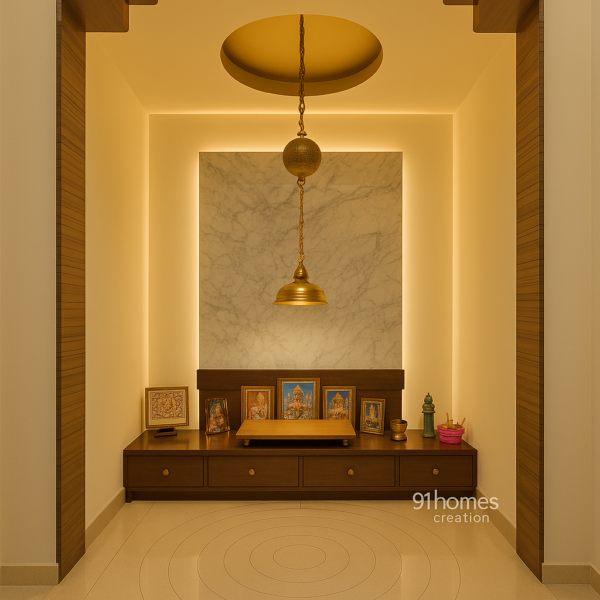 Traditional indian mandir setup with marble backdrop