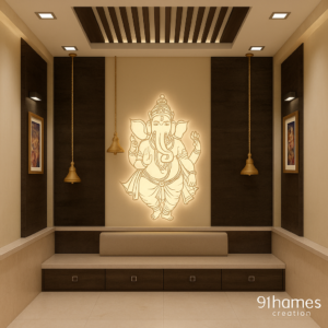 Illuminated Ganesha mandir design with wooden panels and marble base