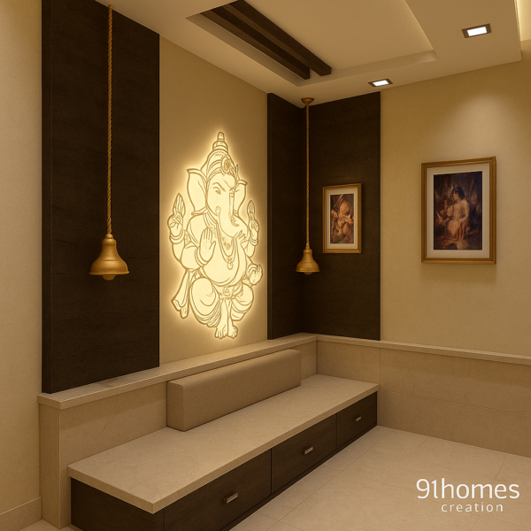 Square modern pooja unit with golden Ganesha carving and brass bells