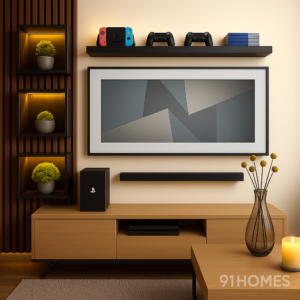 Elegant Media Console with floating shelf, LED-lit wall slats, and warm wood finish.