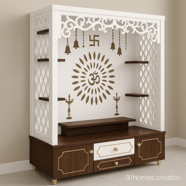 Modern Hindu pooja unit in white and dark brown wood with brass drawer knobs and decorative carvings