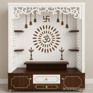 White and Walnut Wooden Mandir with Om and Swastik cut design and side lattice panels