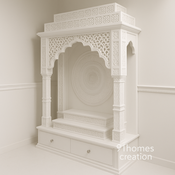 Square shape modern pooja unit in white with detailed jaali work and step platform