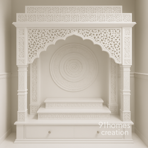 White Wooden Mandir with Intricate Carving, with floral arch and circular back design in matte finish