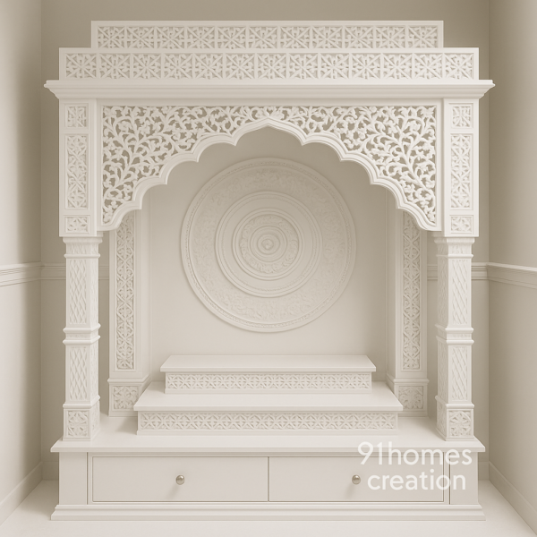 White Wooden Mandir with Intricate Carving, with floral arch and circular back design in matte finish