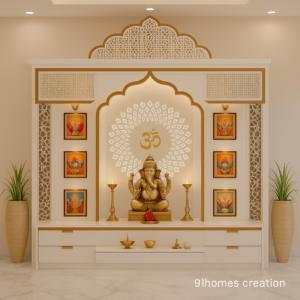 White and gold mandir design with Ganesha statue and decorative lamps