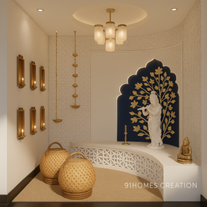 Luxury white temple design for home with curved wall and marble Krishna idol