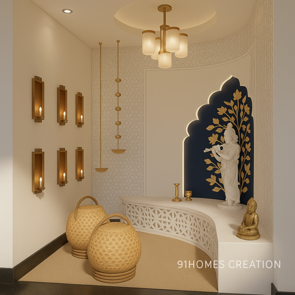 Modern pooja room setup with white arched niche, golden wall decor, and Krishna statue