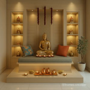 Light wood pooja unit with seating, warm lighting, and golden Buddha statue
