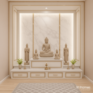White marble pooja ghar unit with Buddha idols and LED backlighting
