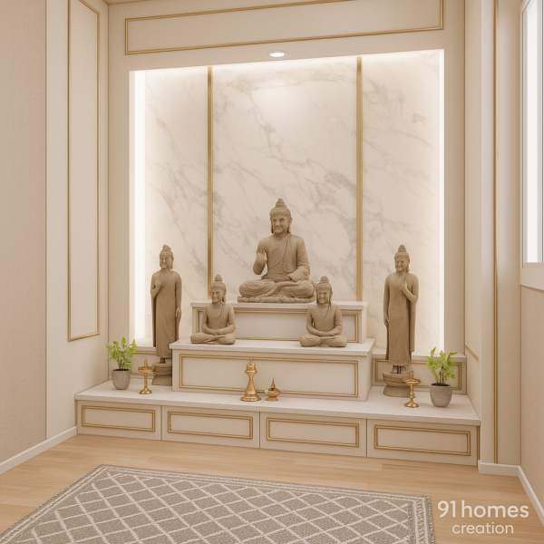 Luxury mandir setup with golden trims, drawers, and beige flooring