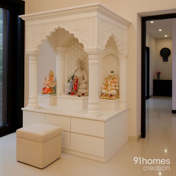 Elegant white temple design featuring Lakshmi, Vishnu, and Ganesha idols