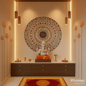 Modern Ganesh pooja room with mandala art and warm lighting