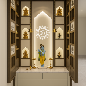Modern Krishna home temple design with backlit Om panel and brass decor