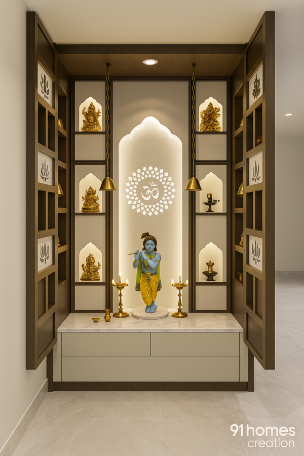 Modern Krishna home temple design with backlit Om panel and brass decor
