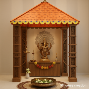 Terracotta roof temple design with wooden pillars and brass Ganesha