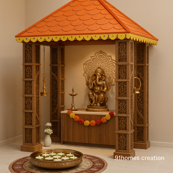 Traditional Indian mandir with carved wood and terracotta roof