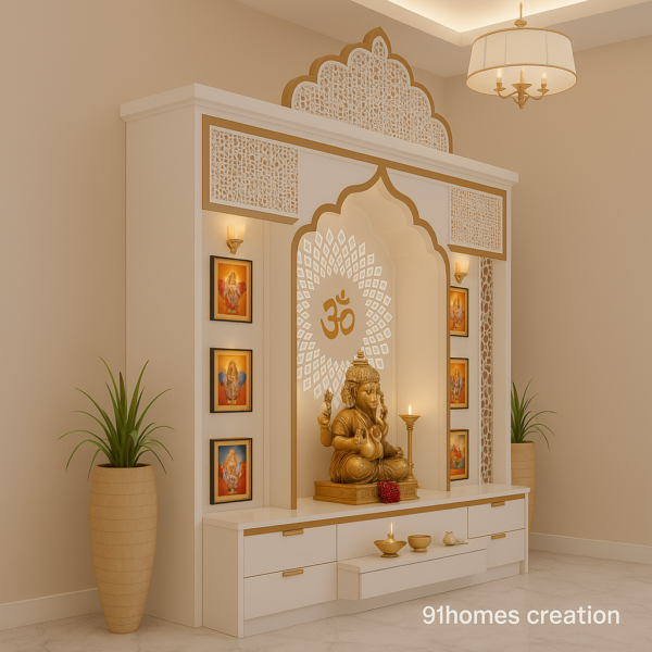 Elegant white and gold mandir design with storage and intricate jaali