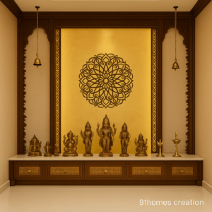 Brass idol mandir unit design with golden back panel