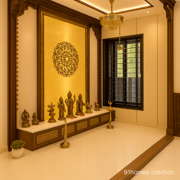 Traditional home mandir featuring brass idols and wooden drawers