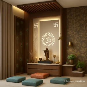 Modern wooden temple for home with Lord Krishna idol, golden bells, peacock feather panel and warm backlit Om design
