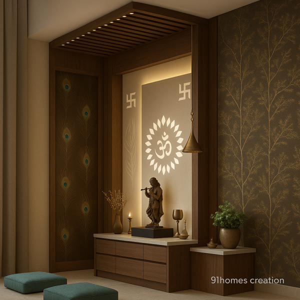 Designer pooja mandir in brown matte wood finish, golden wallpaper, marble top, and ambient lighting for prayer room decor