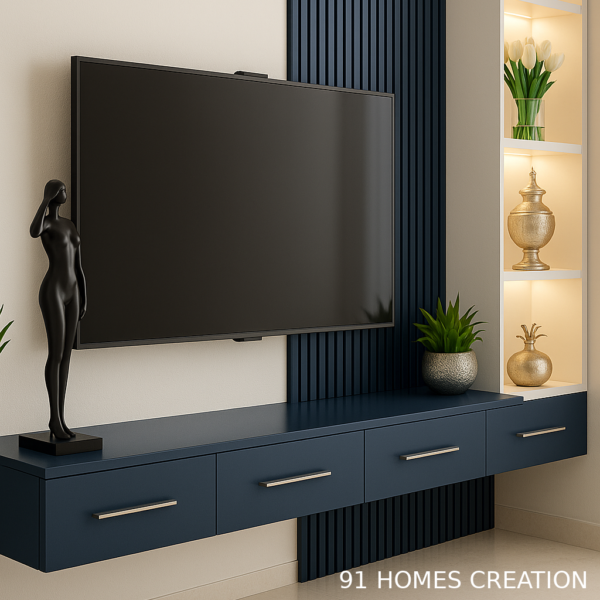 Wall-mounted Blue and White TV Console with backlit display shelves.