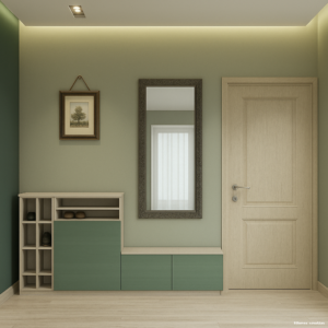 Green shoe rack foyer with mirror and light wood storage bench