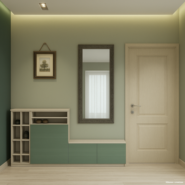 Green shoe rack foyer with mirror and light wood storage bench