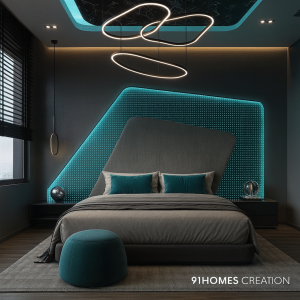 Futuristic Grey Bed with Teal LED Bed Back Wall Design