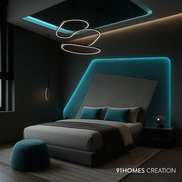 Modern bedroom design with angled upholstered headboard and glowing wall panel