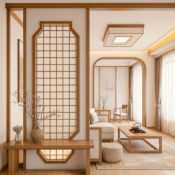 Beige Wooden Lattice Partition Shoji Style for Living Room