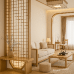 Wooden Shoji-style partition with soft beige couch and modern Japanese decor.