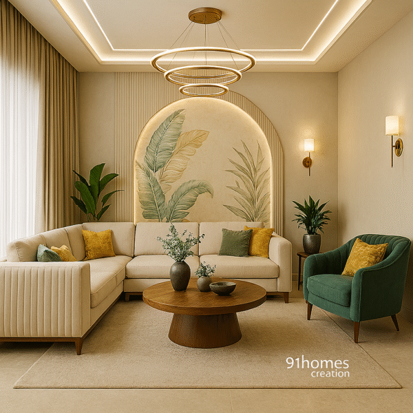 Cream Sofa with Teal Chair with mustard and sage cushions in a modern living room with wooden round table and arched mural