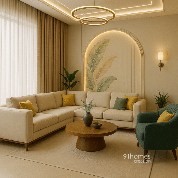Teal velvet armchair with beige rug and LED ring chandelier in luxury interior setup
