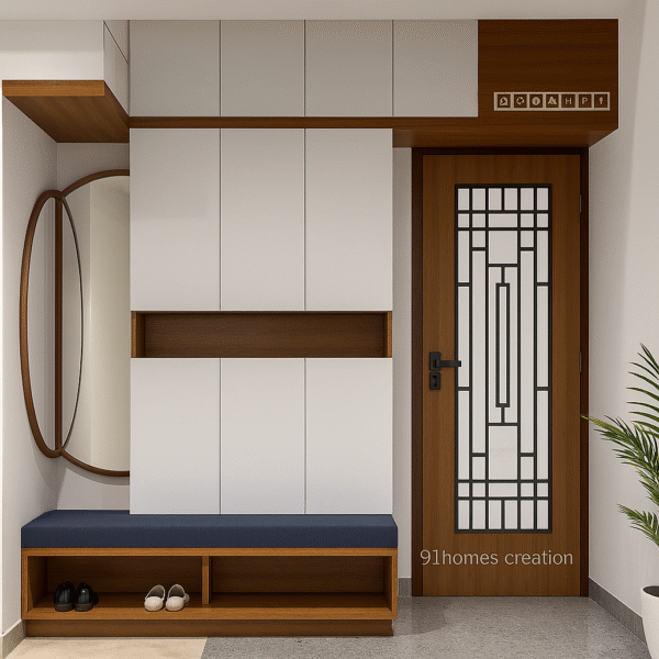 Modern white walnut foyer with oval mirror and cushioned bench