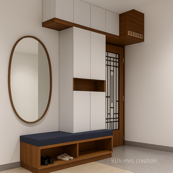 Wall-mounted white cabinets and wooden shoe bench for entryway