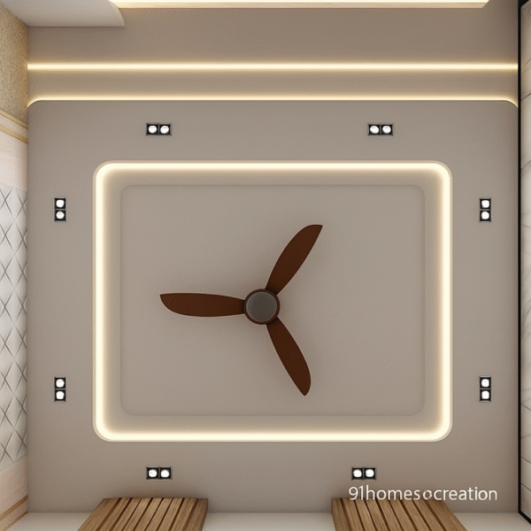 Beige false ceiling with double layer ceiling cove lighting and brown fan