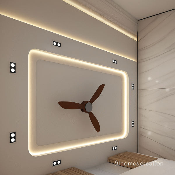 Modern room ceiling featuring double layer ceiling cove lighting and recessed LEDs