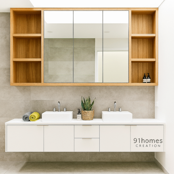 Matte White Floating Vanity with dual square ceramic basins and oak mirror cabinet