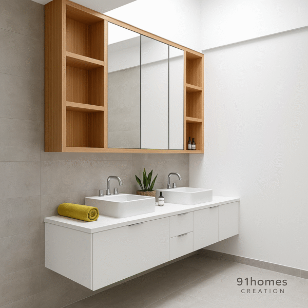 Scandinavian bathroom setup with matte white drawers, wood open shelves, and grey wall tiles