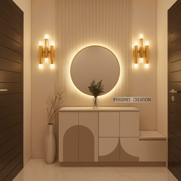 Beige circular mirror foyer with golden wall sconces and slatted panel