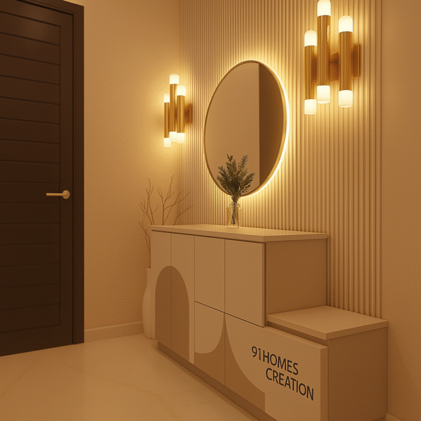 Modern foyer design with round mirror, LED lighting and beige cabinet