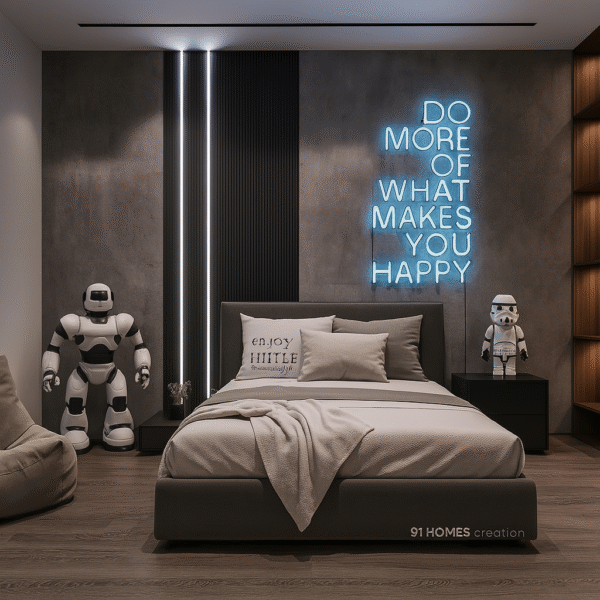 Grey LED Bed Back Wall with Neon Quote and Fluted Panels