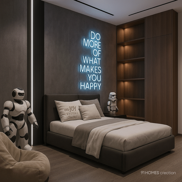 Dark grey upholstered bed with fluted panel wall and neon text