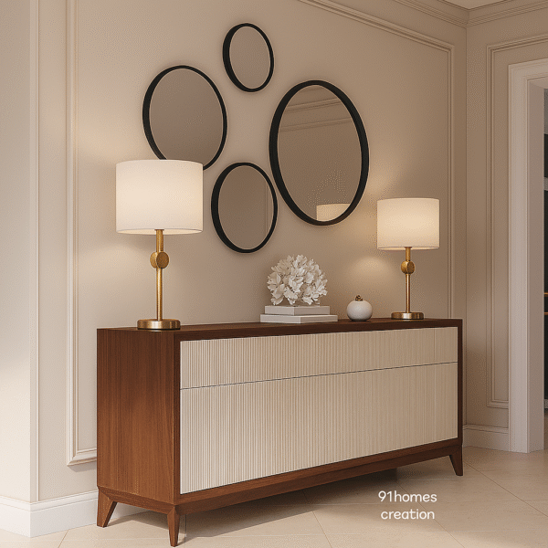 Modern entrance design with beige wall moulding and fluted console