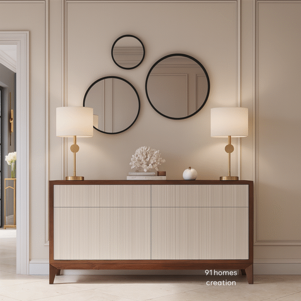 Console Beige panelled foyer with walnut console and round black mirrors